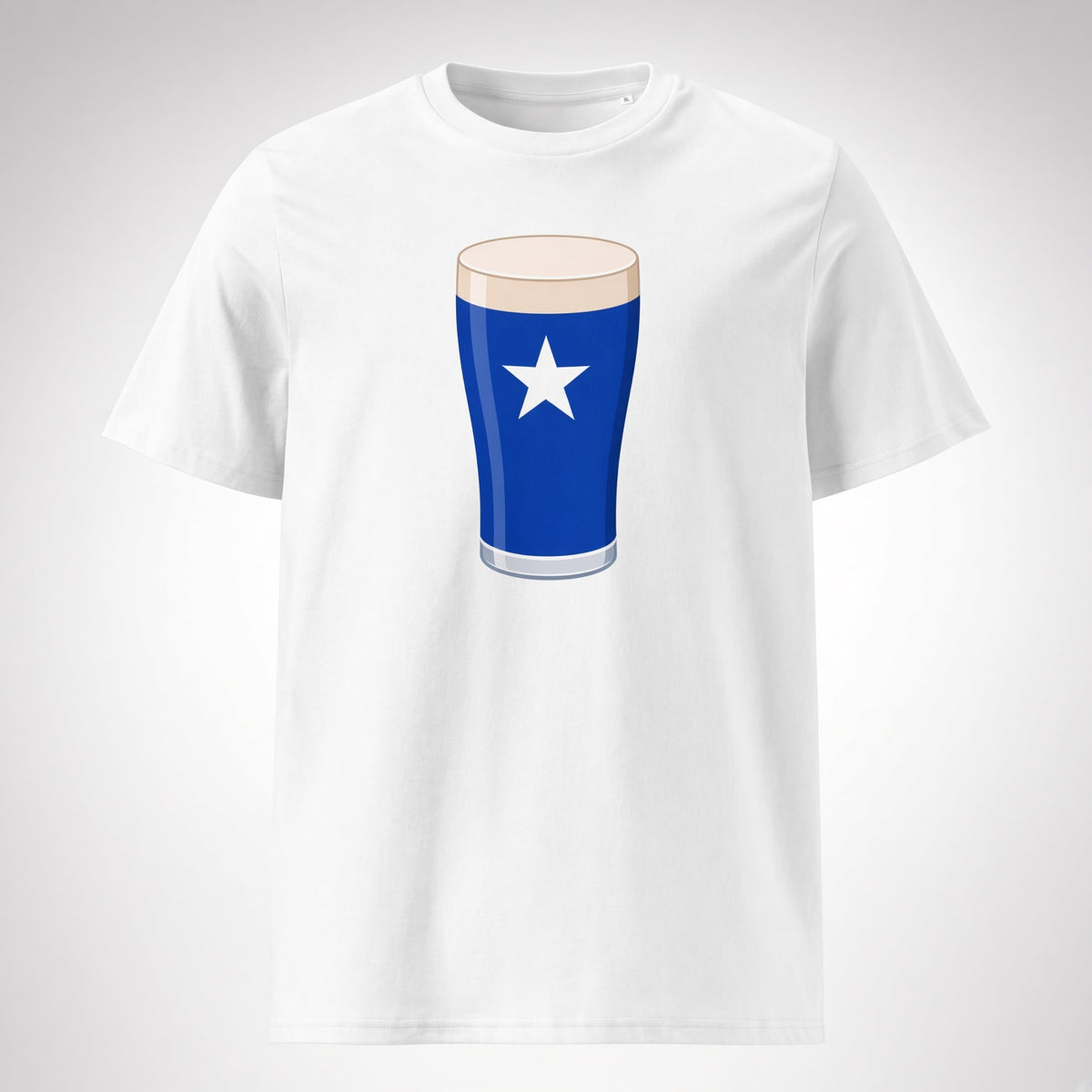 White St Mary’s College Mega Pint rugby t-shirt showing a blue pint glass graphic with a white star for St Mary’s rugby supporters and match days