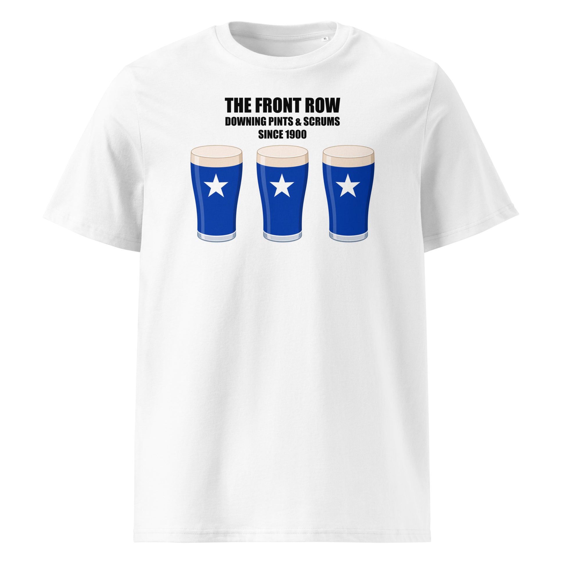 White St Mary’s rugby t-shirt reading “The Front Row - Downing Pints & Scrums Since 1900” with three blue pint graphics featuring a white star for match day supporters