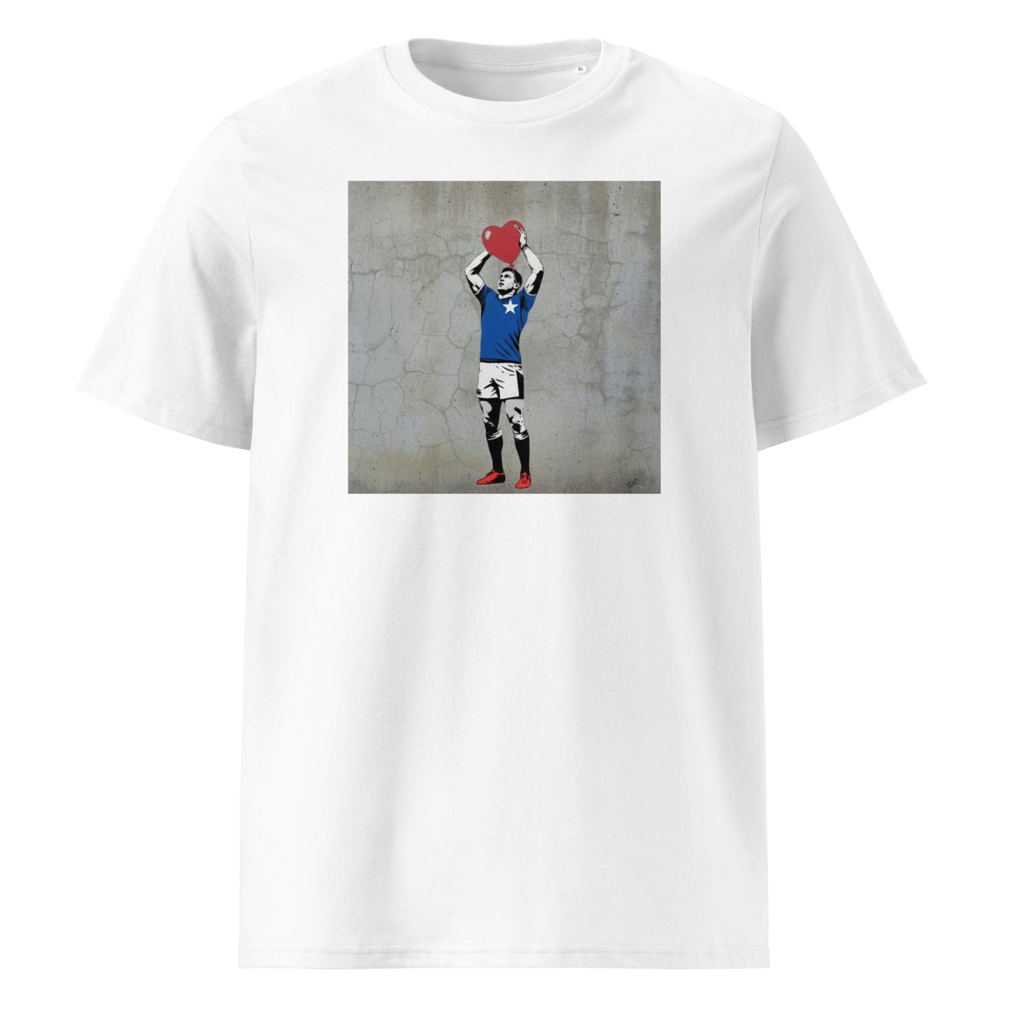 White unisex organic cotton t‑shirt with street-art style print of a St Mary’s RFC rugby hooker holding a red heart above his head, wearing a blue jersey with white star detail.