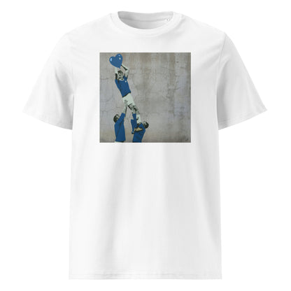 White unisex organic cotton t‑shirt with street-art style print of a St Mary’s RFC rugby lineout, with a lifted jumper catching a blue heart with a white star above two lifters.