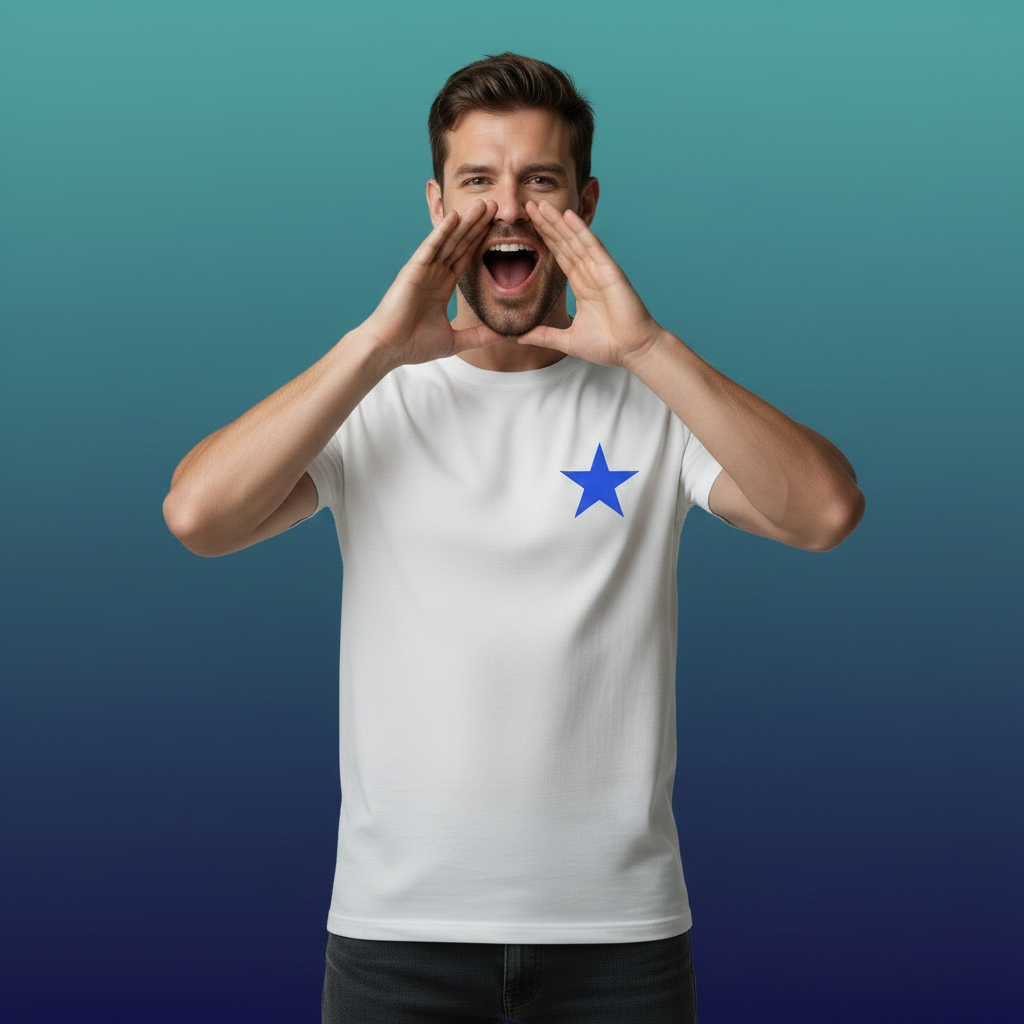 St Mary's RFC Dublin fan wearing a White rugby t-shirt with a minimalist blue star on the left chest, AIL champions fan design.