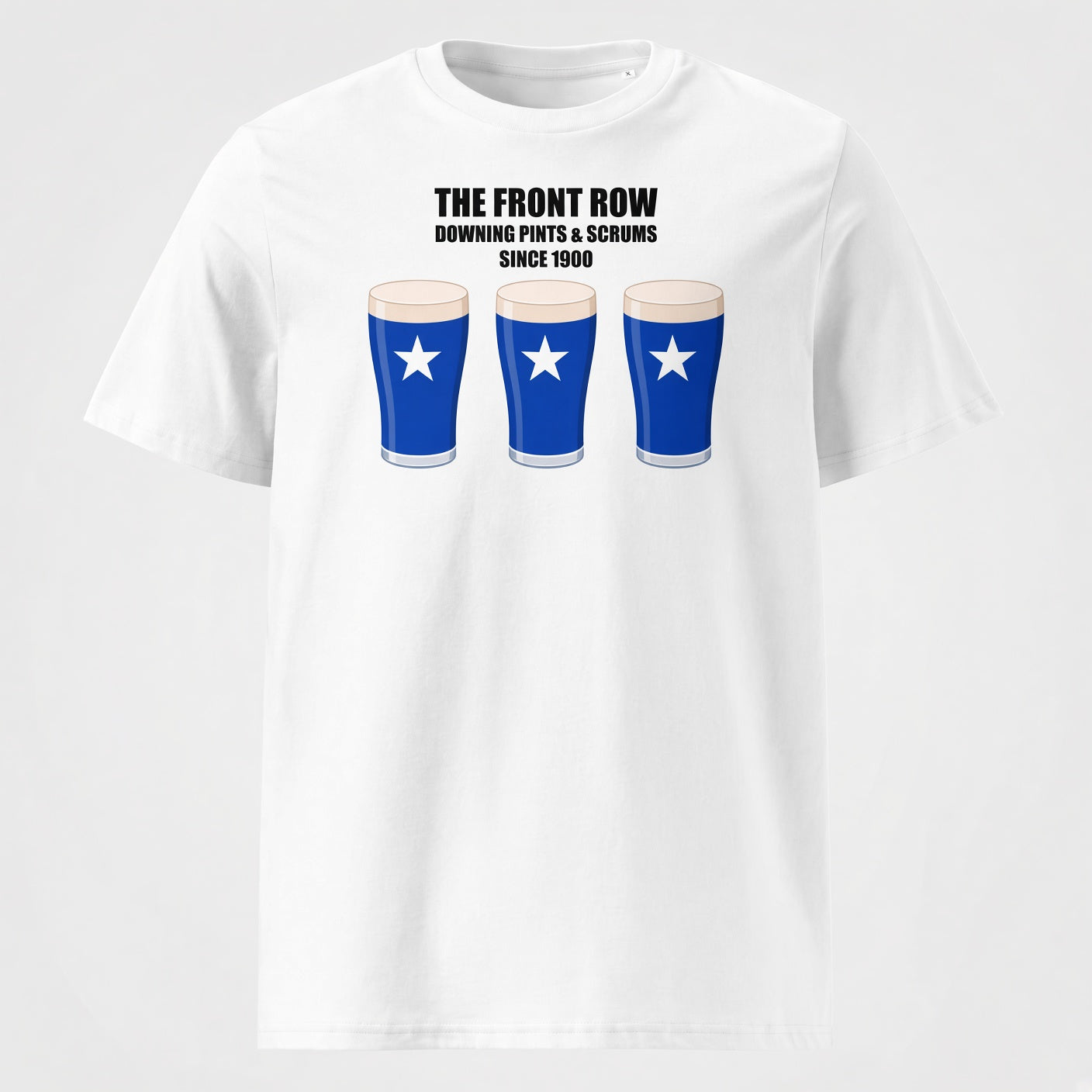 White St Mary’s rugby t-shirt reading “The Front Row - Downing Pints & Scrums Since 1900” with three blue pint graphics featuring a white star for St Mary’s match day supporters