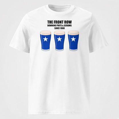 White St Mary’s rugby t-shirt reading “The Front Row - Downing Pints & Scrums Since 1900” with three blue pint graphics featuring a white star for St Mary’s match day supporters