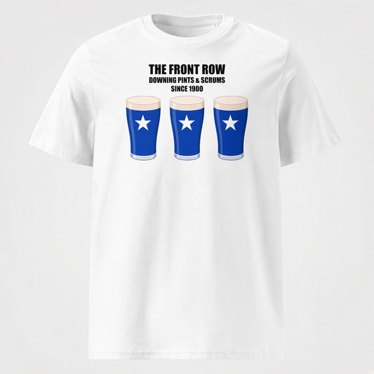 White St Mary’s rugby t-shirt reading “The Front Row - Downing Pints & Scrums Since 1900” with three blue pint graphics featuring a white star for St Mary’s match day supporters