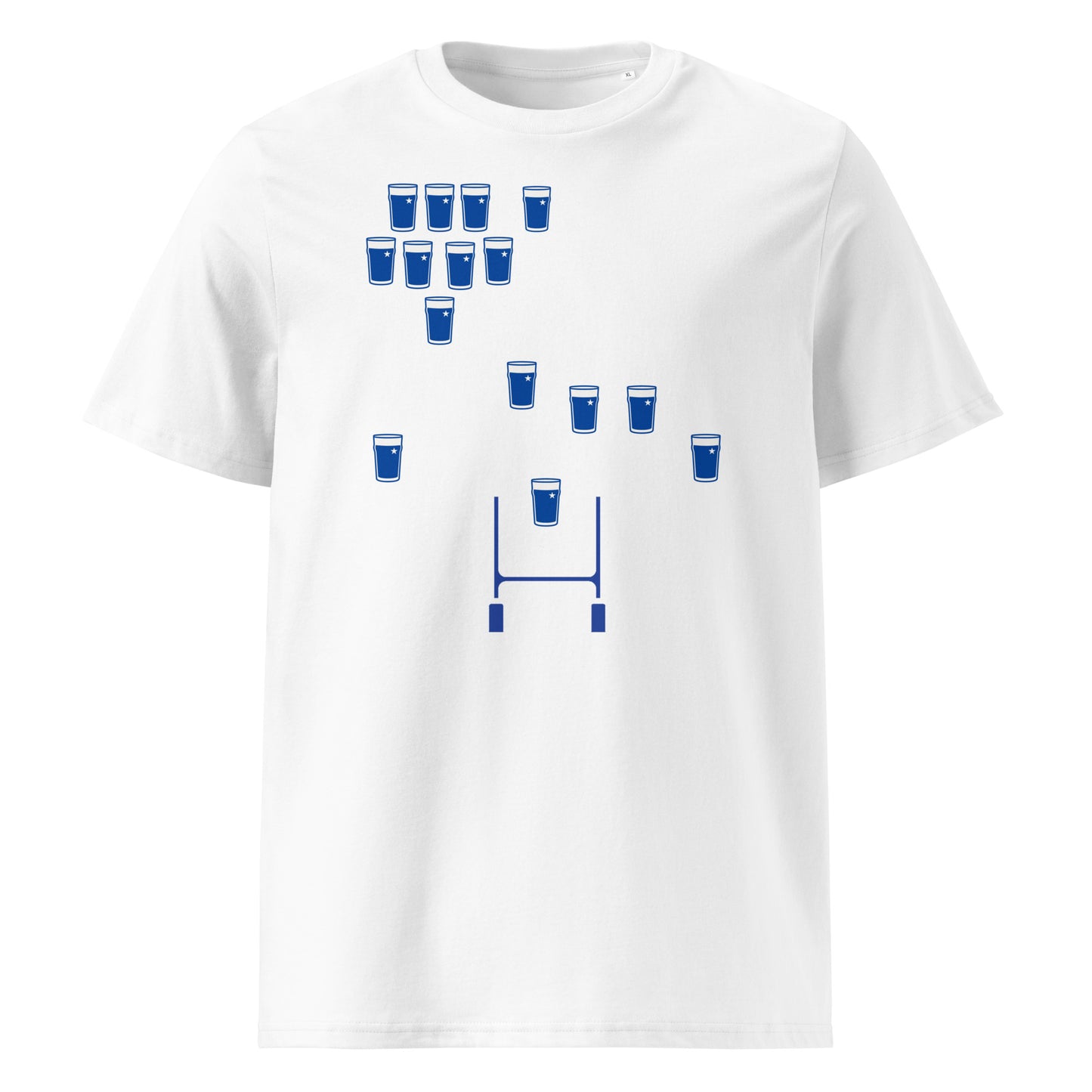 Shop the St Mary’s Team Pints rugby t-shirt. A fun rugby fan tee featuring pint glasses in St Mary’s-inspired colours arranged in a rugby formation with posts.