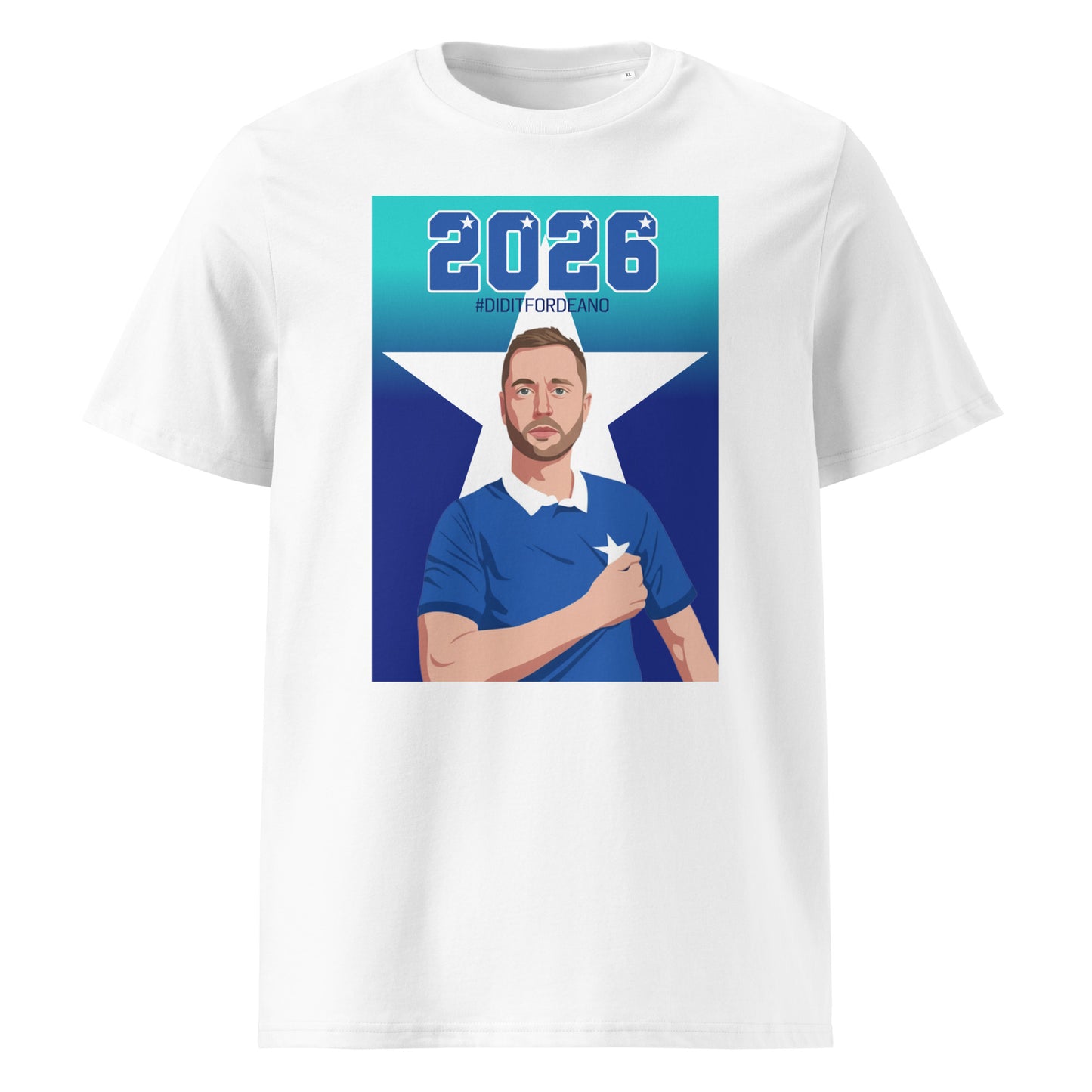 White unisex organic cotton t-shirt with “2026” and “#DIDITFORDEANO” above an illustrated St Marys rugby captain in blue, set over a large white five-point star background.