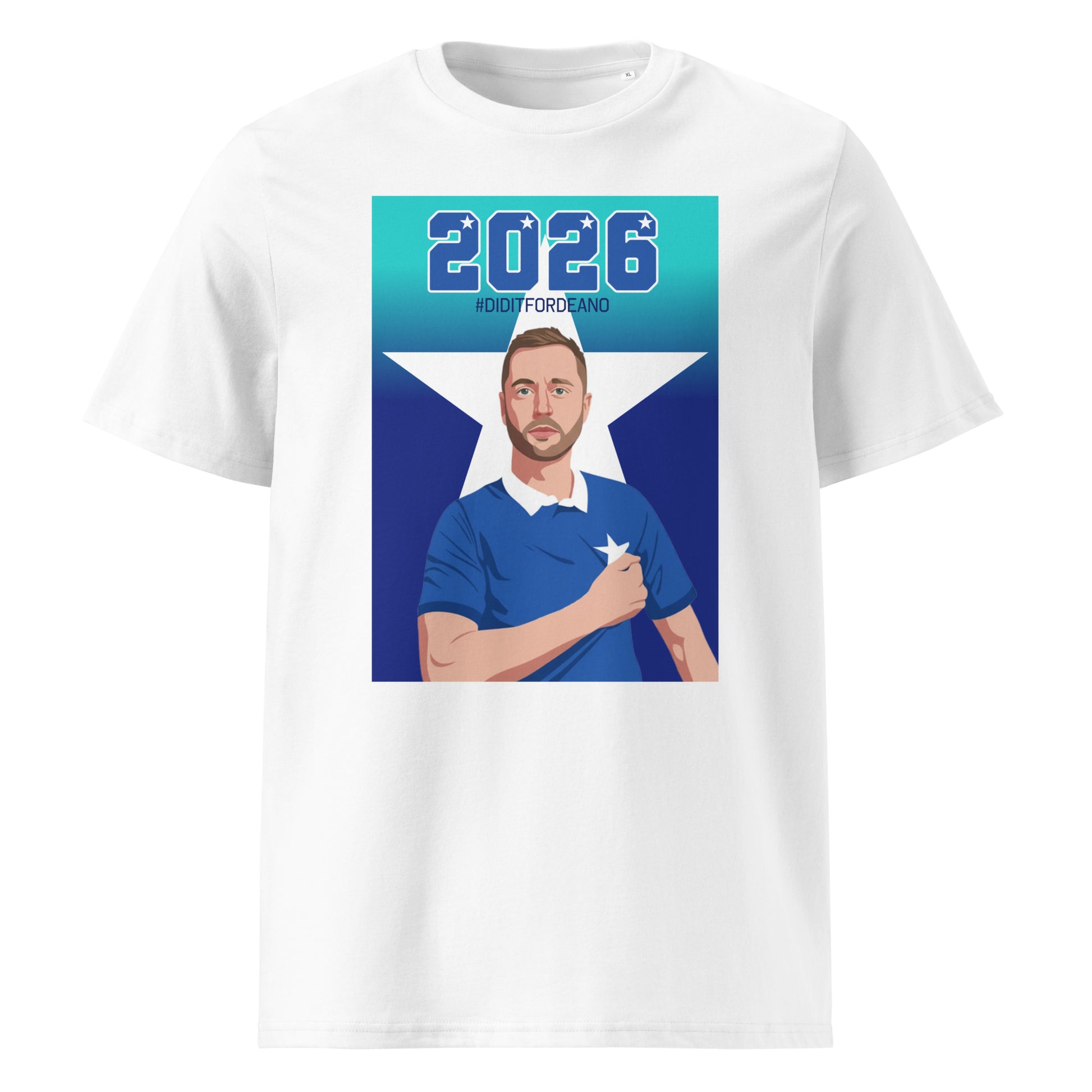 White unisex organic cotton t-shirt with “2026” and “#DIDITFORDEANO” above an illustrated St Marys rugby captain in blue, set over a large white five-point star background.