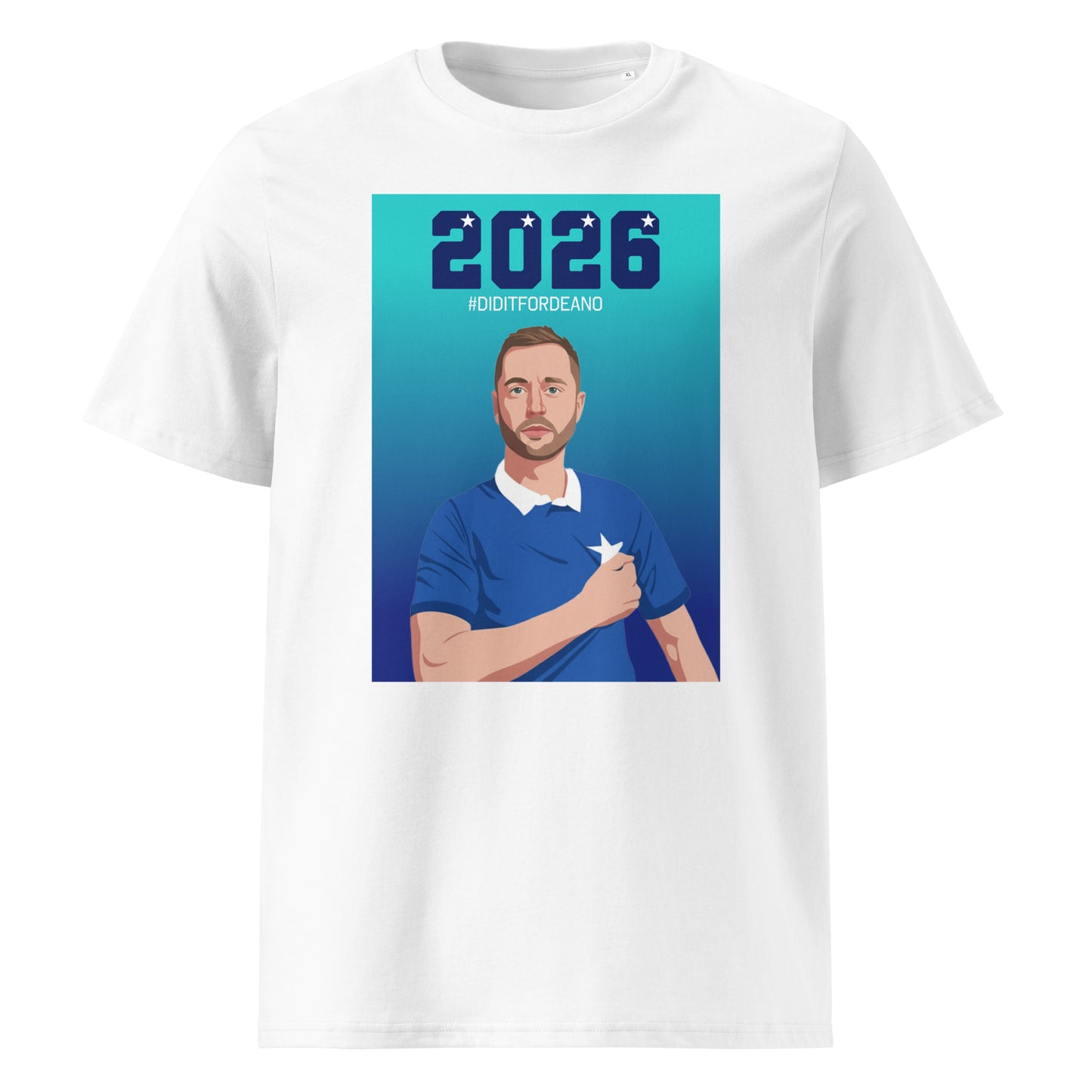 White unisex organic cotton t-shirt with a “2026” graphic and “#DIDITFORDEANO” above an illustrated St Marys rugby captain in blue with a white star.