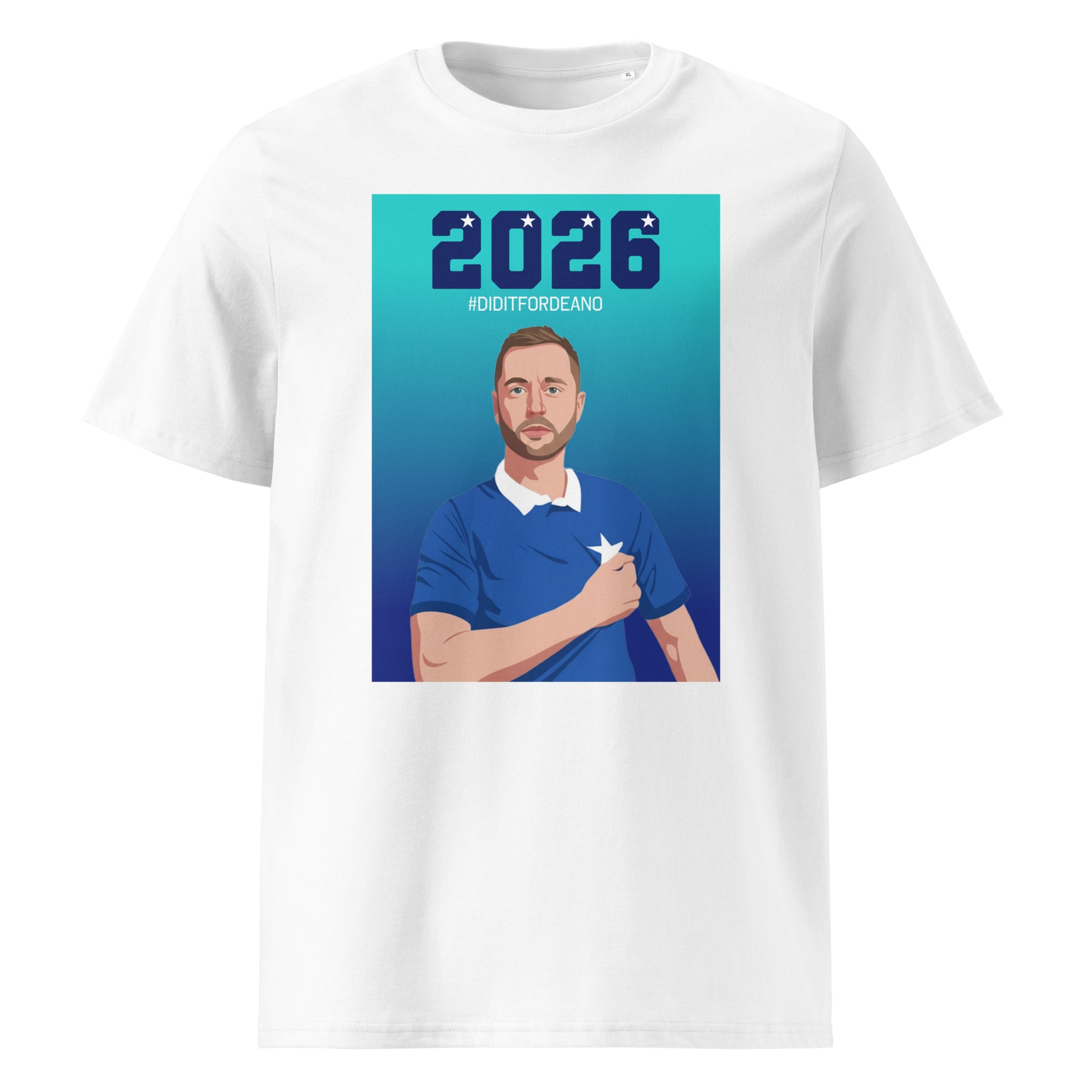 White unisex organic cotton t-shirt with a “2026” graphic and “#DIDITFORDEANO” above an illustrated St Marys rugby captain in blue with a white star.