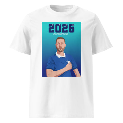 White unisex organic cotton t-shirt with a “2026” graphic and “#DIDITFORDEANO” above an illustrated St Marys rugby captain in blue with a white star.