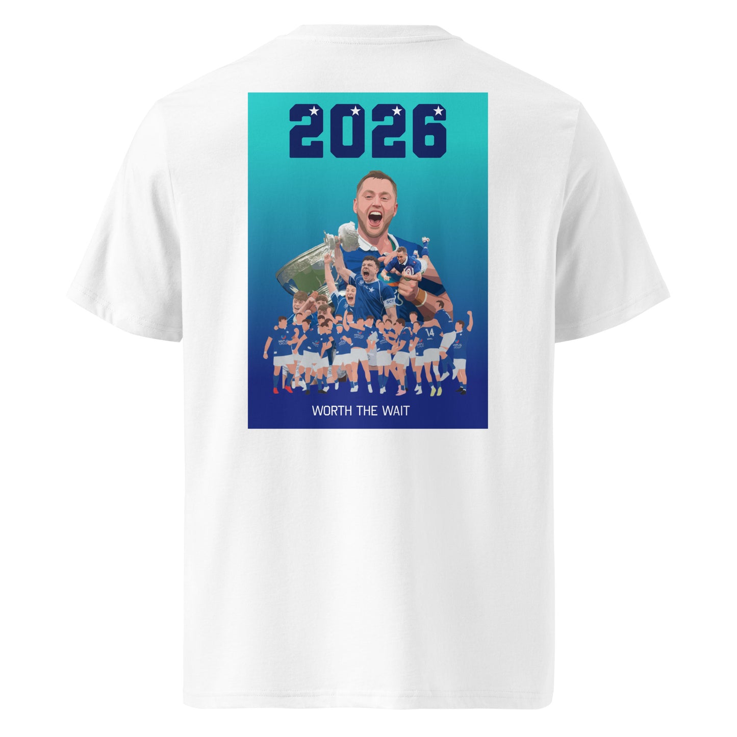 White unisex organic cotton t-shirt with a small blue star on the front chest and a large “2026” St Marys rugby celebration graphic on the back with the text “WORTH THE WAIT”.