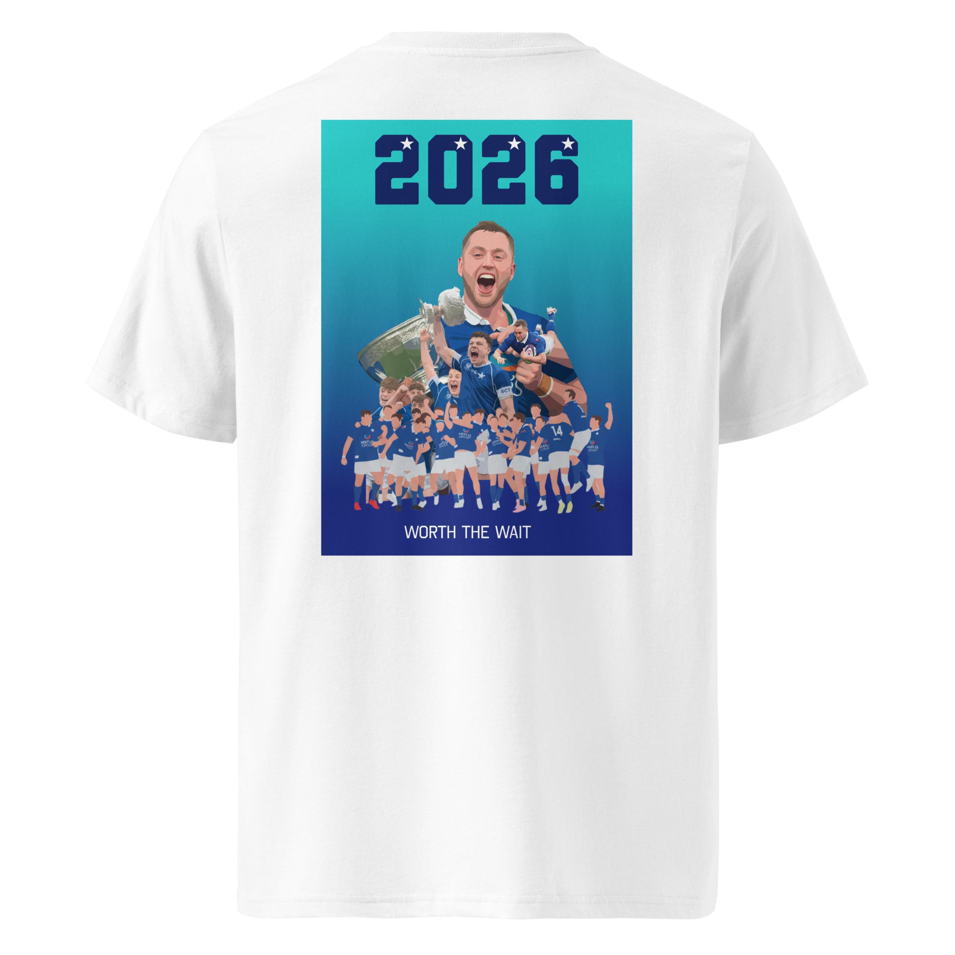 White unisex organic cotton t-shirt with a small blue star on the front chest and a large “2026” St Marys rugby celebration graphic on the back with the text “WORTH THE WAIT”.