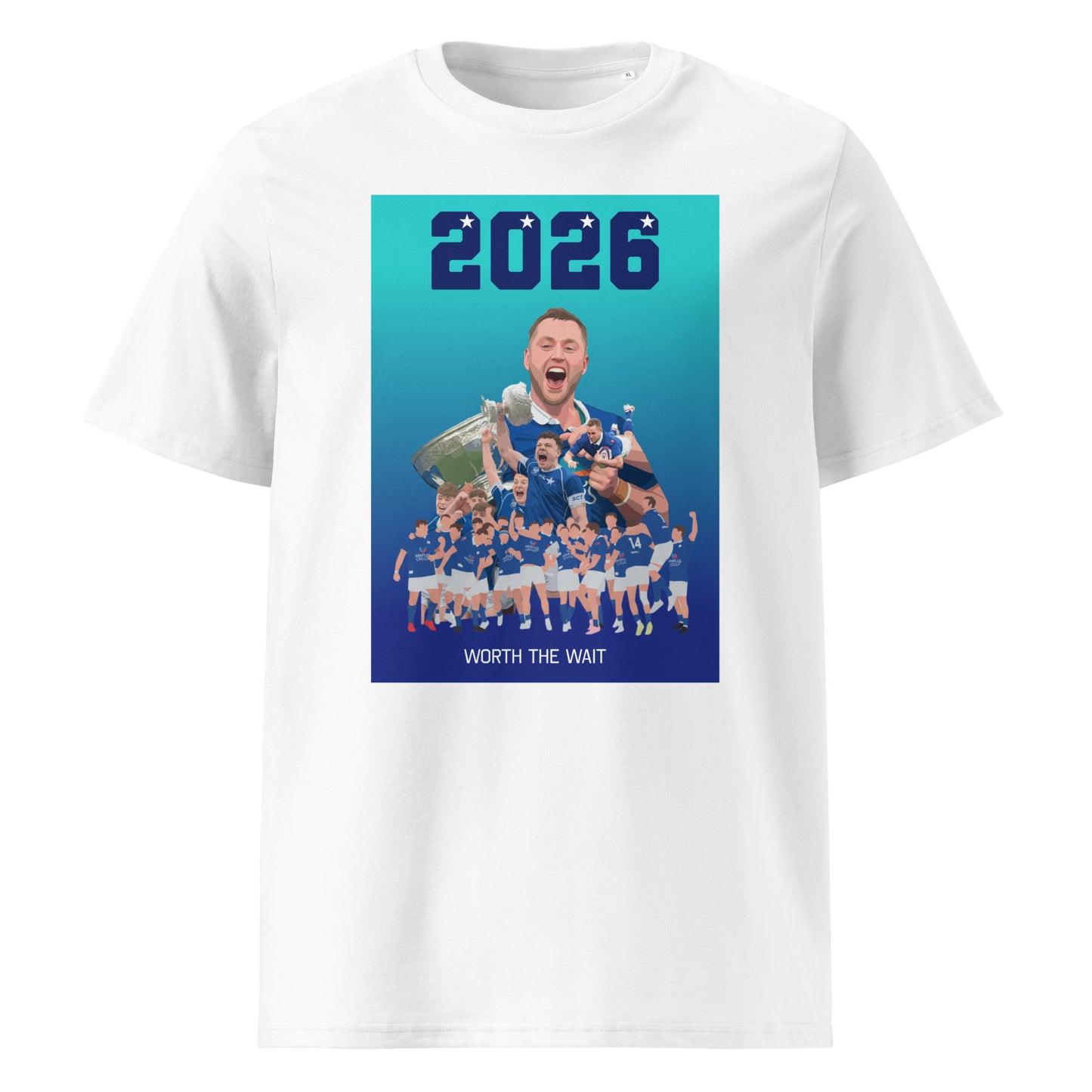White unisex organic cotton t-shirt with front print reading “2026” above an illustrated St Marys rugby celebration scene with trophies and the text “WORTH THE WAIT”.