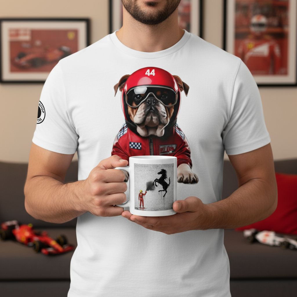 Male model in a racing bulldog t-shirt holding the Stallion Graffiti Mug in a motorsport-themed home.