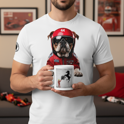 Male model in a racing bulldog t-shirt holding the Stallion Graffiti Mug in a motorsport-themed home.