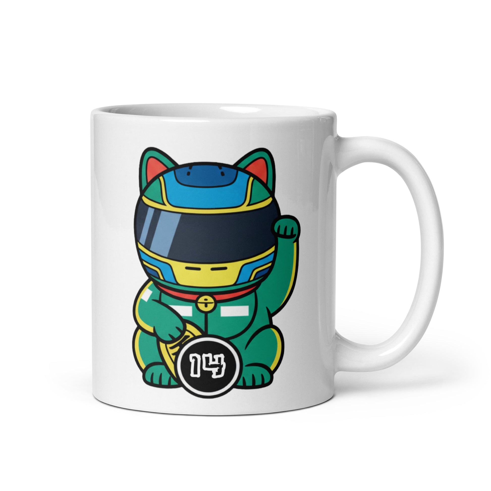 Motorsport-inspired lucky cat mug with green kit, blue/yellow helmet vibes, and #14 coin detail—perfect for race mornings and desk flex energy.