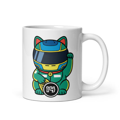 Motorsport-inspired lucky cat mug with green kit, blue/yellow helmet vibes, and #14 coin detail—perfect for race mornings and desk flex energy.