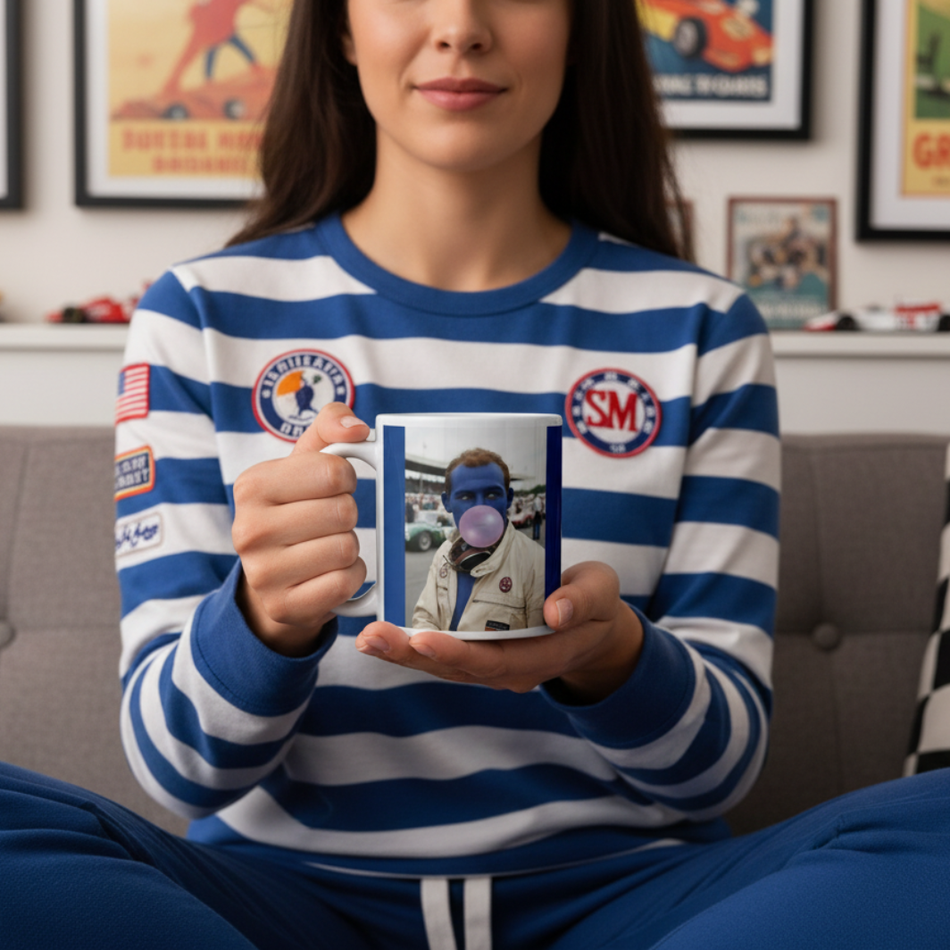 Female F1 fan in vintage or blue homewear, enjoying a hot drink from the Stirling Hubba Mug while relaxing on the sofa with classic F1 décor in the background.