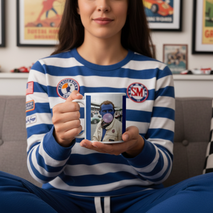 Female F1 fan in vintage or blue homewear, enjoying a hot drink from the Stirling Hubba Mug while relaxing on the sofa with classic F1 décor in the background.