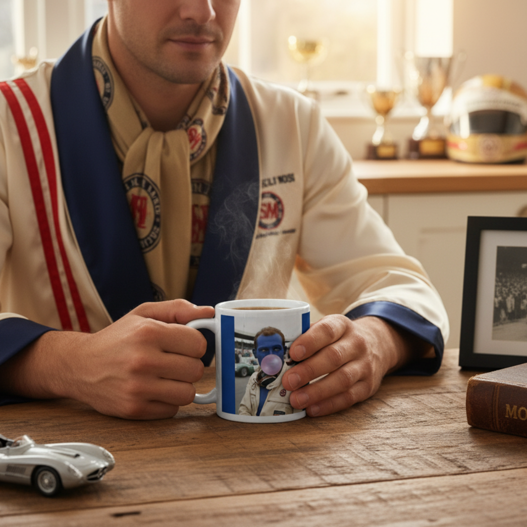 Male F1 fan in retro racing loungewear, drinking from the Stirling Hubba Mug at home, with classic F1 or Stirling Moss memorabilia in the background.