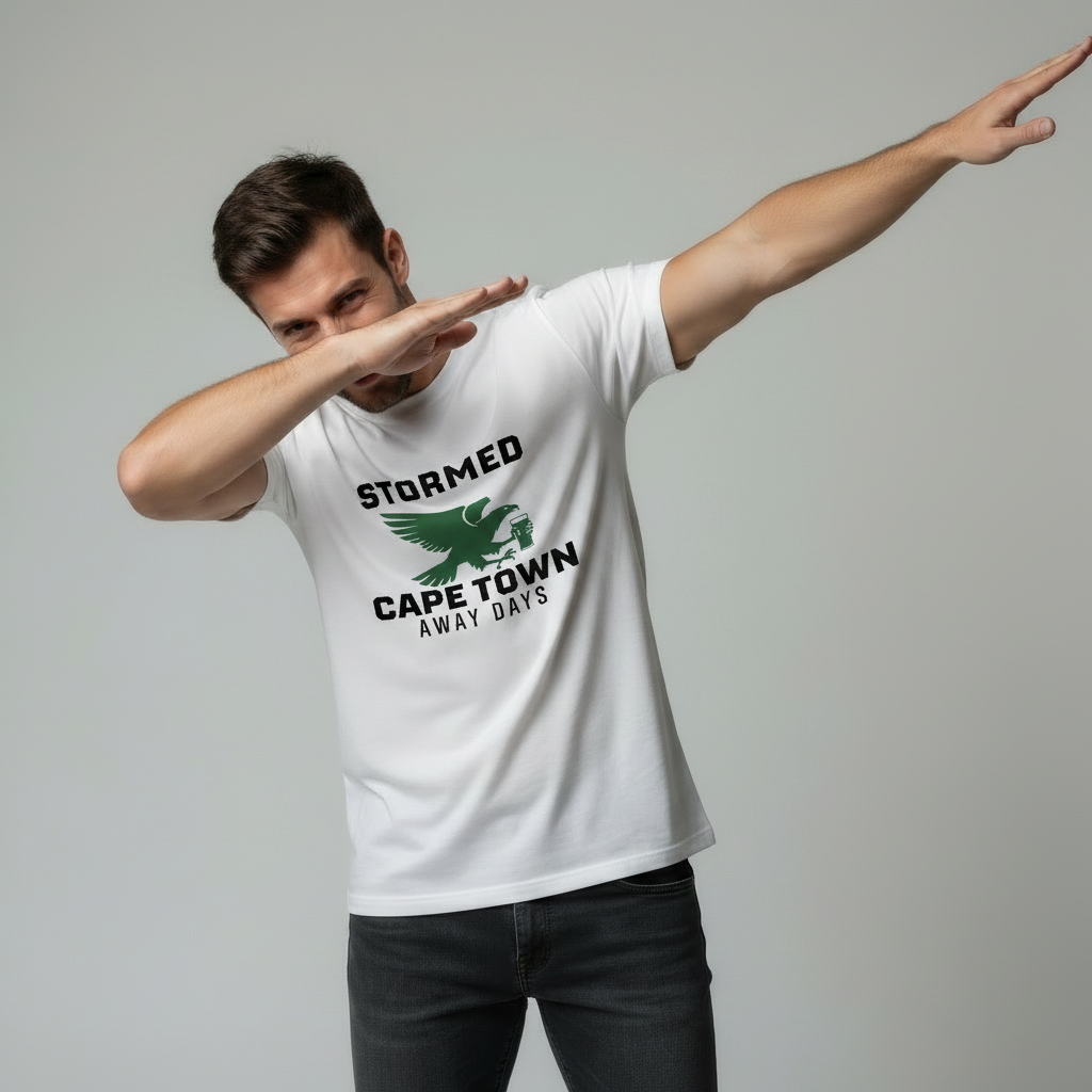 Male model on a light grey studio background wearing a white “STORMED CAPE TOWN AWAY DAYS” t‑shirt with green bird graphic; performing a dab pose, studio lighting, print consistent.
