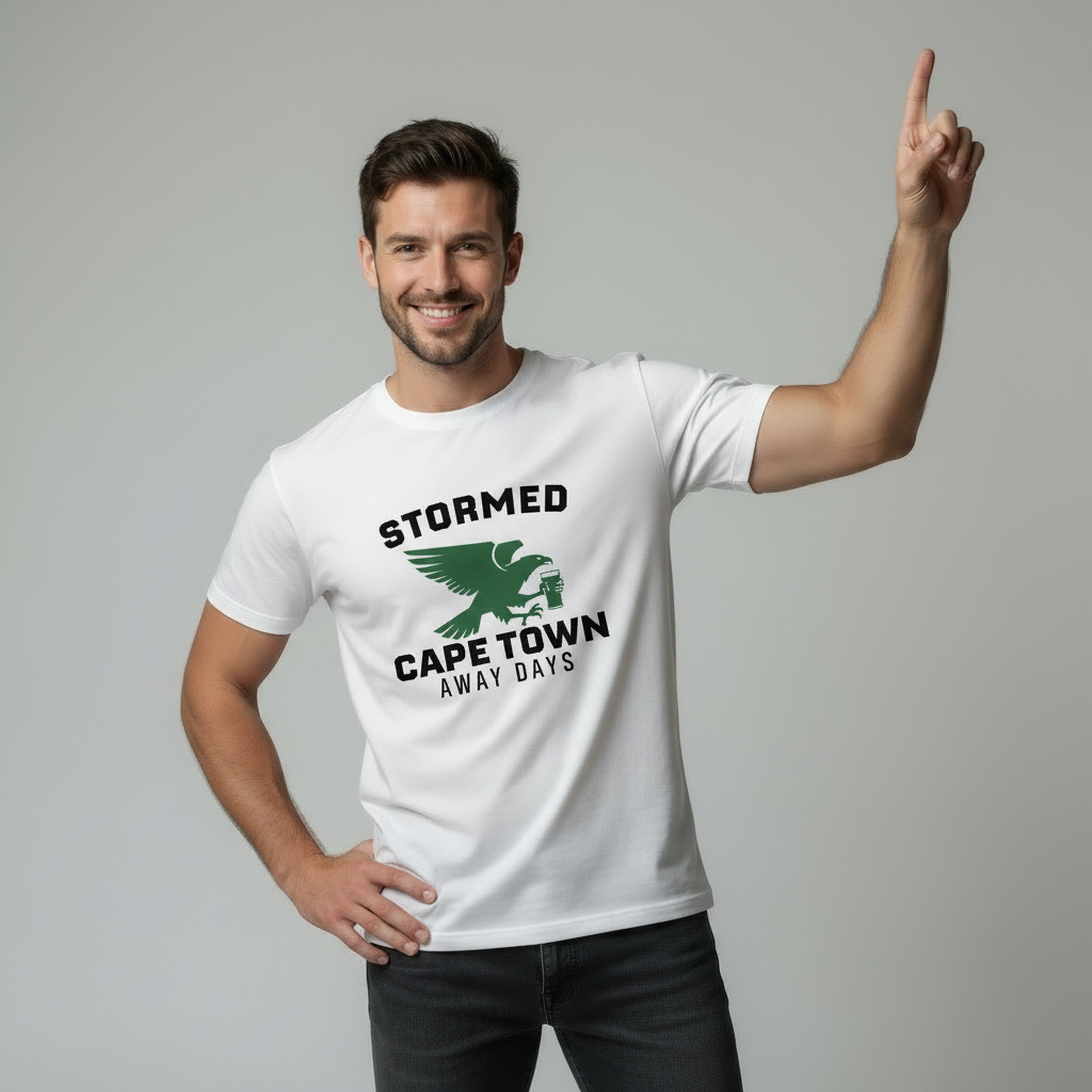 Male model on a light grey studio background wearing a white “STORMED CAPE TOWN AWAY DAYS” t‑shirt with green bird graphic; one arm raised diagonally pointing upward (disco pose), smiling.