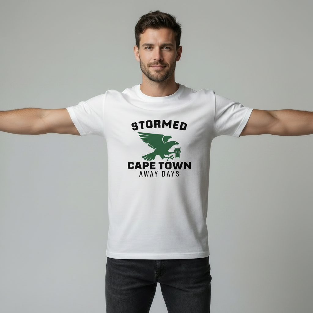 Male model on a light grey studio background wearing a white “STORMED CAPE TOWN AWAY DAYS” t‑shirt with green bird graphic; arms stretched wide like an eagle, print fully visible.