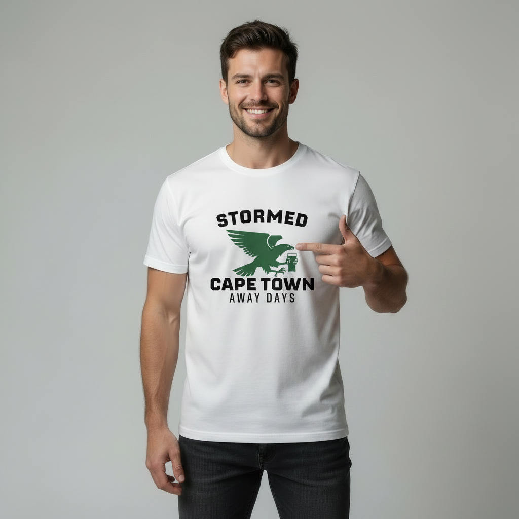 Smiling male model on a light grey studio background wearing a white “STORMED CAPE TOWN AWAY DAYS” t‑shirt with green bird graphic; pointing at the chest design.