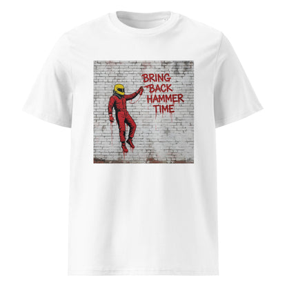 White unisex t-shirt featuring graffiti art of a racing driver in a red suit spray-painting “BRING BACK HAMMER TIME” on a brick wall, part of TheTeeShop’s Suderia Series collection.