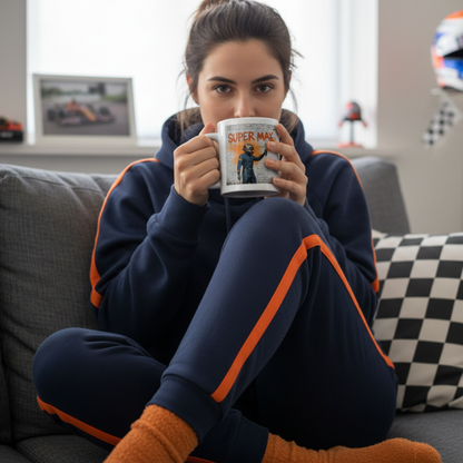 Female F1 fan in sporty homewear, enjoying a hot drink from the Super Max Graffiti Art Mug while relaxing on the sofa with motorsport décor in the background.