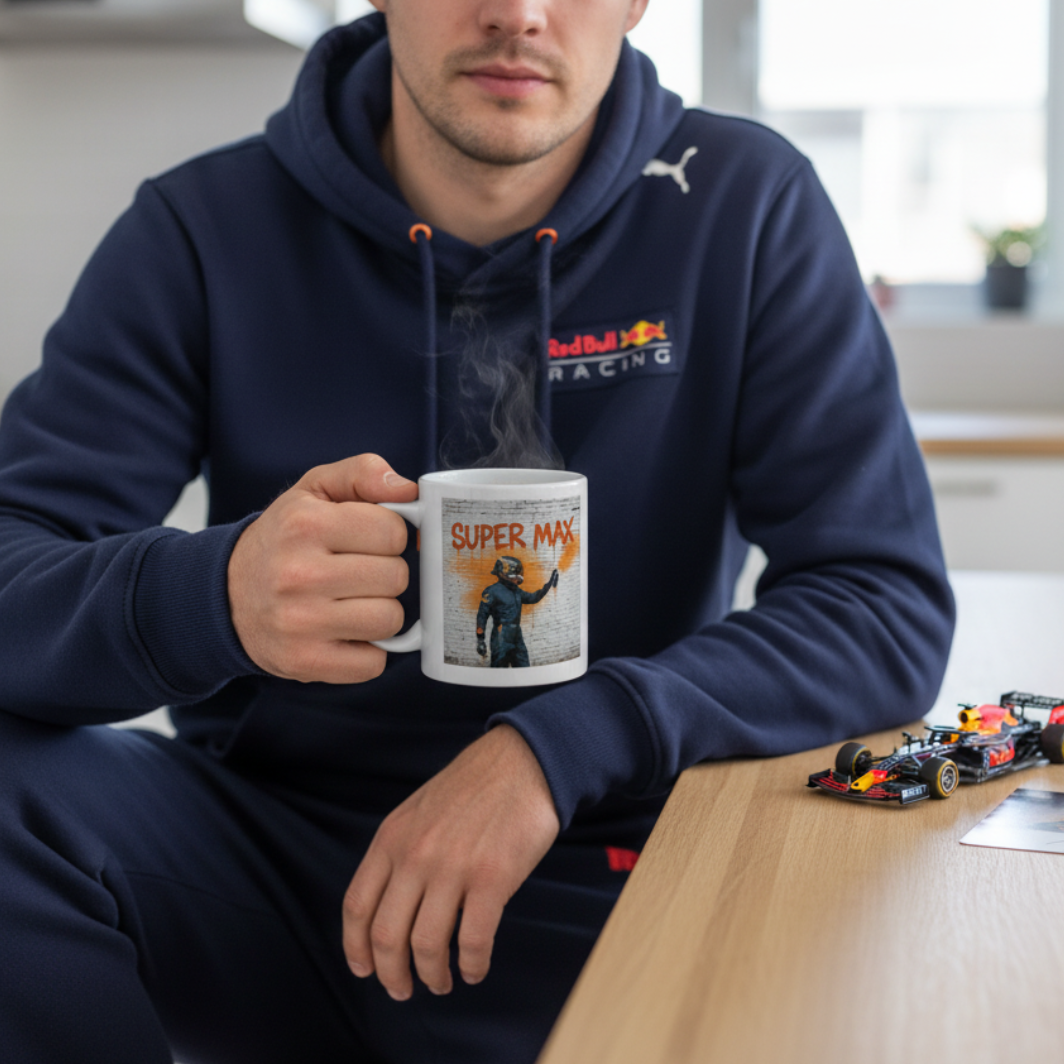 Male F1 fan in casual racing loungewear, drinking from the Super Max Graffiti Art Mug at home, with racing memorabilia in the background.