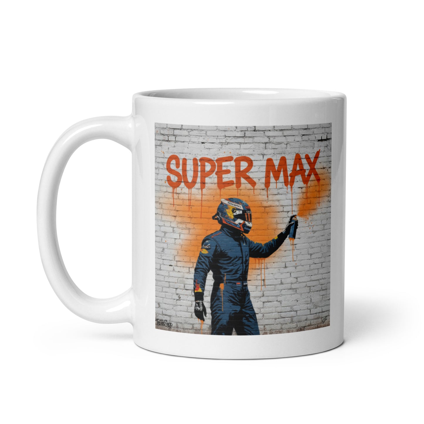 White ceramic 11oz mug featuring a street art illustration of a racing driver spray-painting “Super Max” in bold orange on a brick wall, inspired by Max Verstappen.