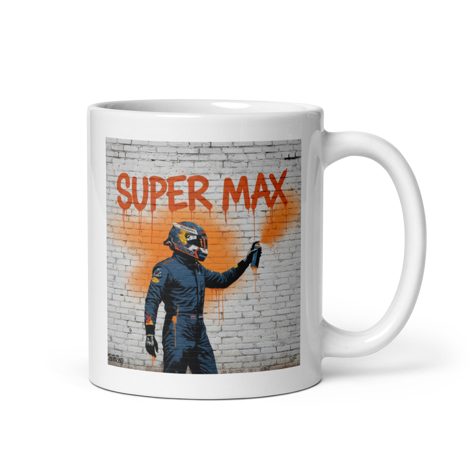 White ceramic 15oz mug featuring a street art illustration of a racing driver spray-painting “Super Max” in bold orange on a brick wall, inspired by Max Verstappen.
