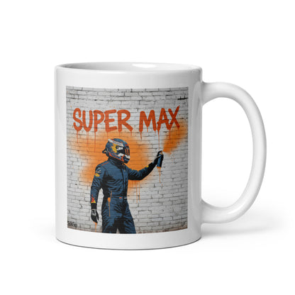 White ceramic 15oz mug featuring a street art illustration of a racing driver spray-painting “Super Max” in bold orange on a brick wall, inspired by Max Verstappen.
