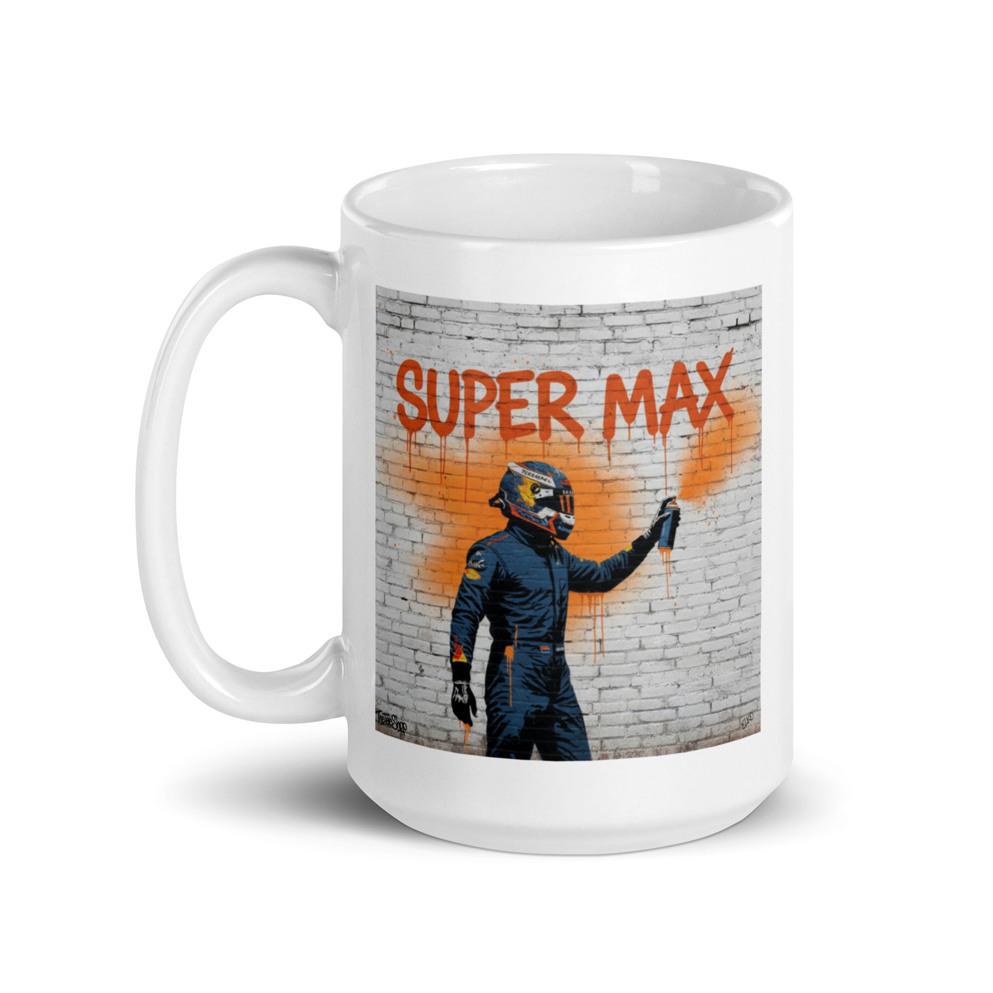 White ceramic 15oz mug featuring a street art illustration of a racing driver spray-painting “Super Max” in bold orange on a brick wall, inspired by Max Verstappen.