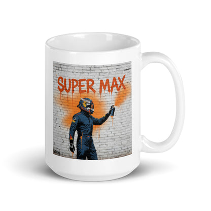 White ceramic 15oz mug featuring a street art illustration of a racing driver spray-painting “Super Max” in bold orange on a brick wall, inspired by Max Verstappen.