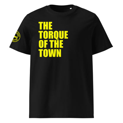 Front view of black unisex t-shirt with bold yellow “THE TORQUE OF THE TOWN” slogan. DTF print, perfect for torque fans, car meets, and petrolhead banter.