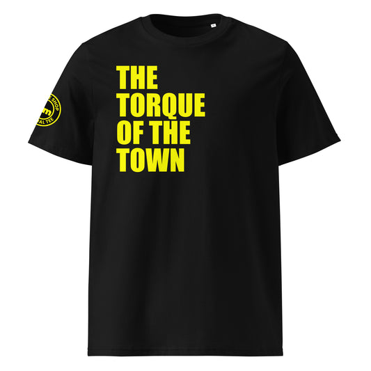 Front view of black unisex t-shirt with bold yellow “THE TORQUE OF THE TOWN” slogan. DTF print, perfect for torque fans, car meets, and petrolhead banter.