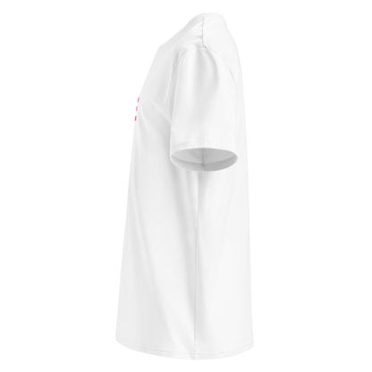 Left side view of white unisex t-shirt, plain sleeve, visible side of the pink “THE TORQUE OF THE TOWN” chest print. Minimalist, car meet style.