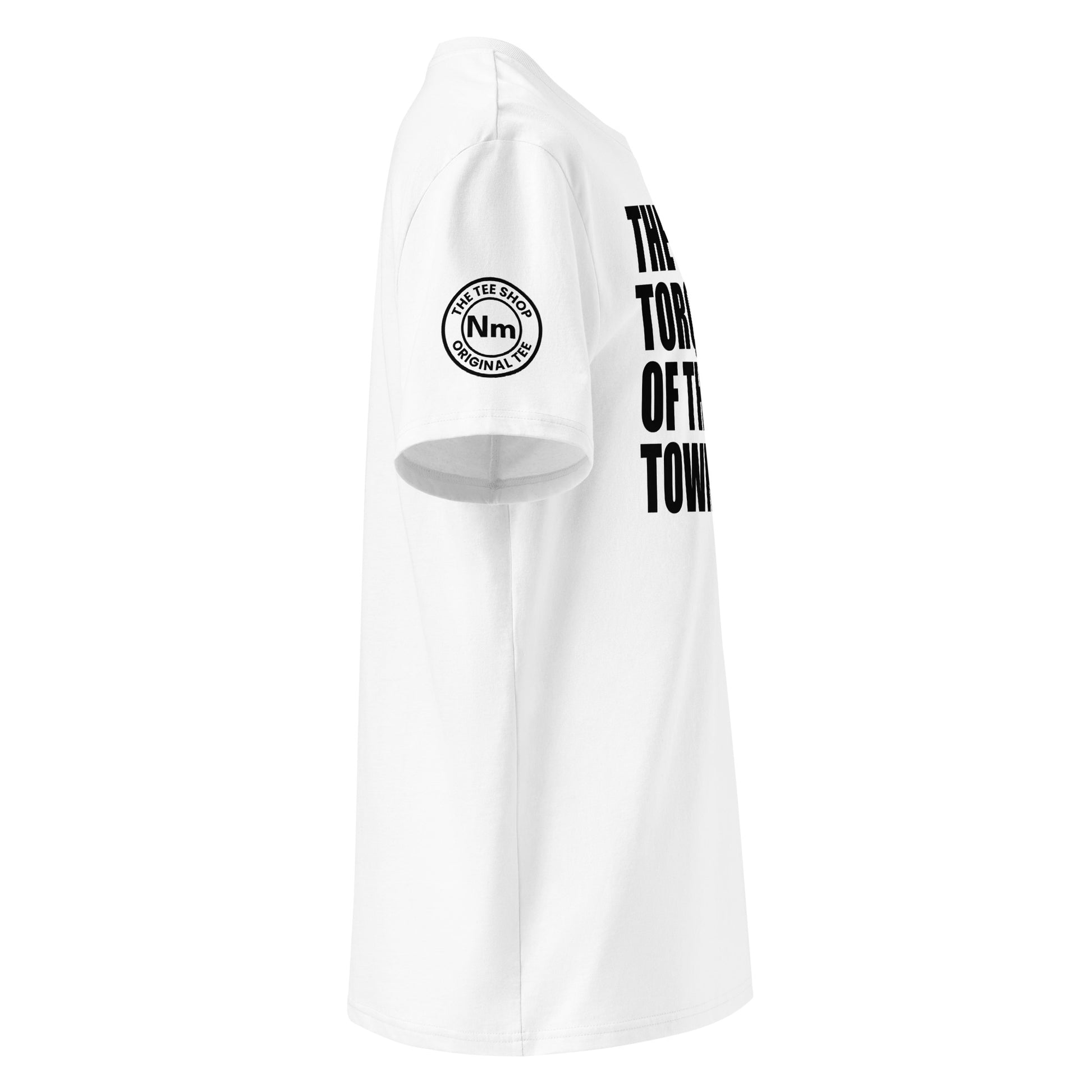 Right side view of white t-shirt showing The Tee Shop’s unique Nm logo on the sleeve and edge of the torque slogan. DTF print, fun car culture and torque tribute.
