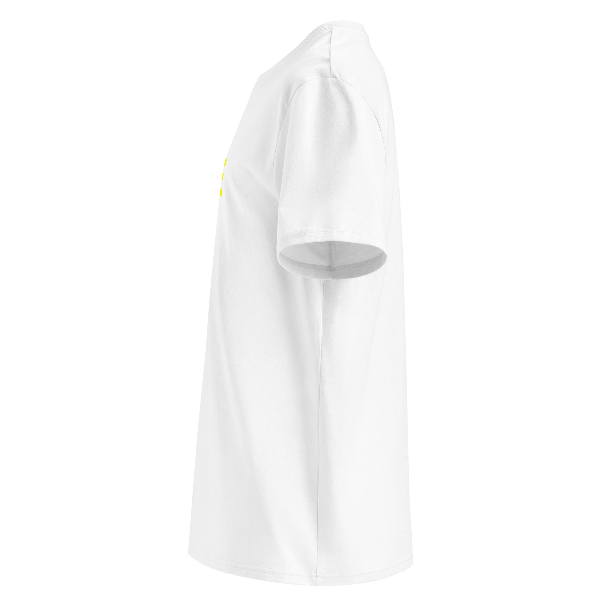 Left side view of white unisex t-shirt, plain sleeve, visible side of the yellow “THE TORQUE OF THE TOWN” chest print. Minimalist, car meet style.