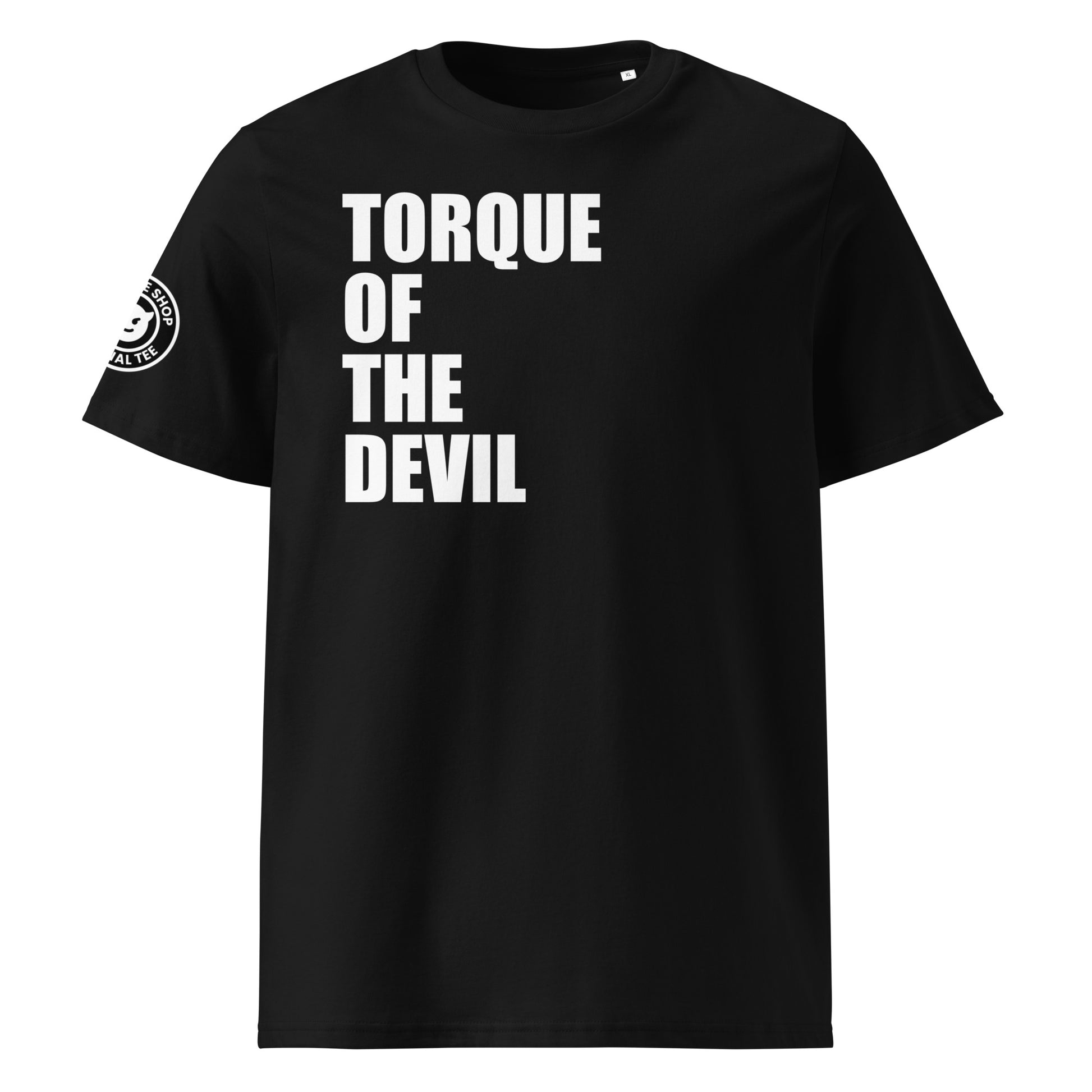 Front view of black unisex t-shirt with bold white “TORQUE OF THE DEVIL” slogan. DTF print, perfect for car meets, torque fans, and mischievous petrolheads.
