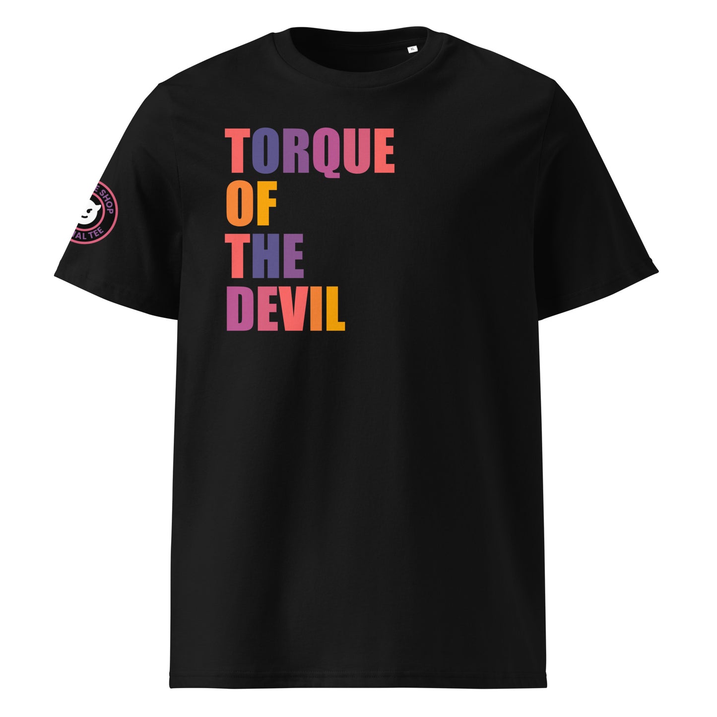 Front view of black unisex t-shirt with “TORQUE OF THE DEVIL” slogan in multi-colour harlequin print. DTF print, perfect for car meets, torque fans, and car banter.