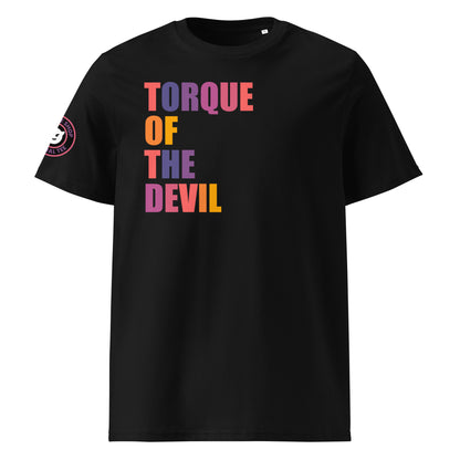 Front view of black unisex t-shirt with “TORQUE OF THE DEVIL” slogan in multi-colour harlequin print. DTF print, perfect for car meets, torque fans, and car banter.