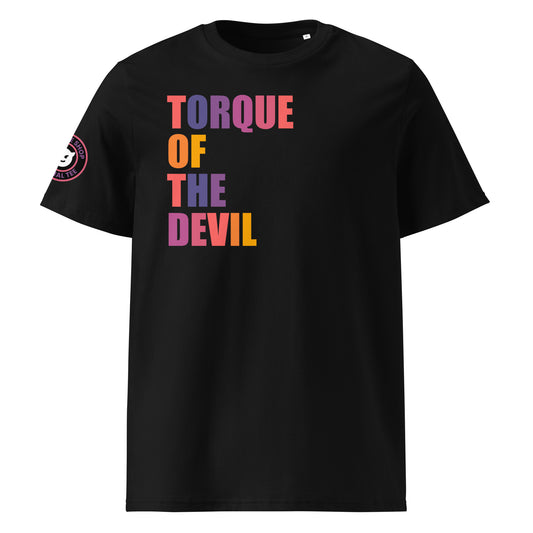 Front view of black unisex t-shirt with “TORQUE OF THE DEVIL” slogan in multi-colour harlequin print. DTF print, perfect for car meets, torque fans, and car banter.