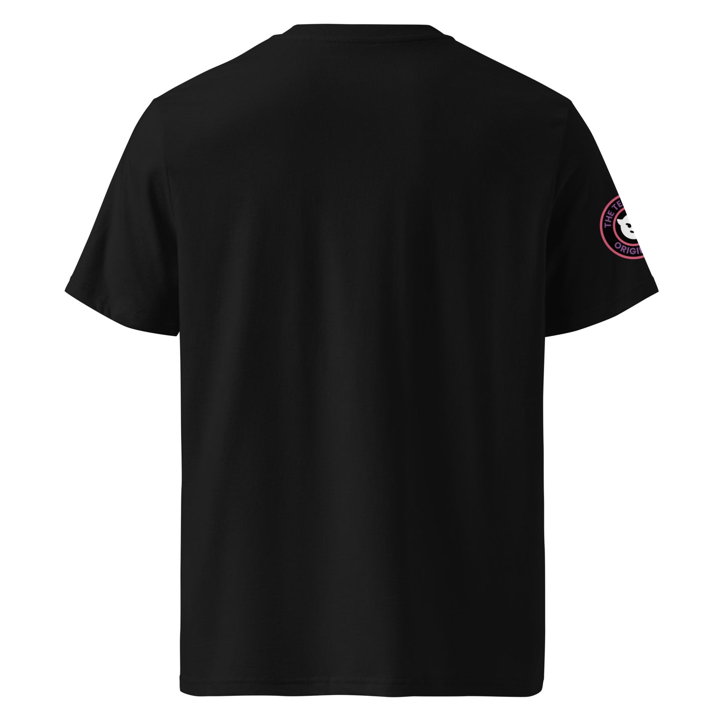 Back view of black unisex t-shirt with plain design. No rear print, highlighting the multi-colour slogan and devil head logo on the sleeve. DTF print, perfect for torque fans.
