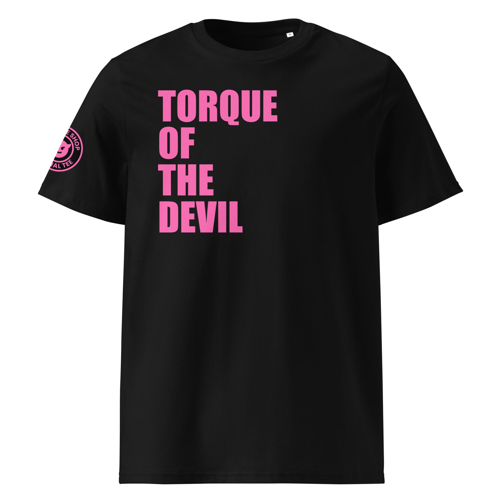 Front view of black unisex t-shirt with bold pink “TORQUE OF THE DEVIL” slogan. DTF print, perfect for car meets, torque fans, and car banter.