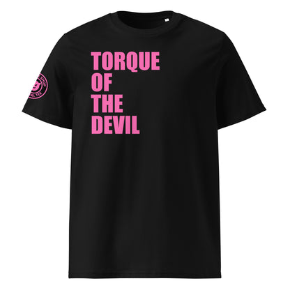 Front view of black unisex t-shirt with bold pink “TORQUE OF THE DEVIL” slogan. DTF print, perfect for car meets, torque fans, and car banter.