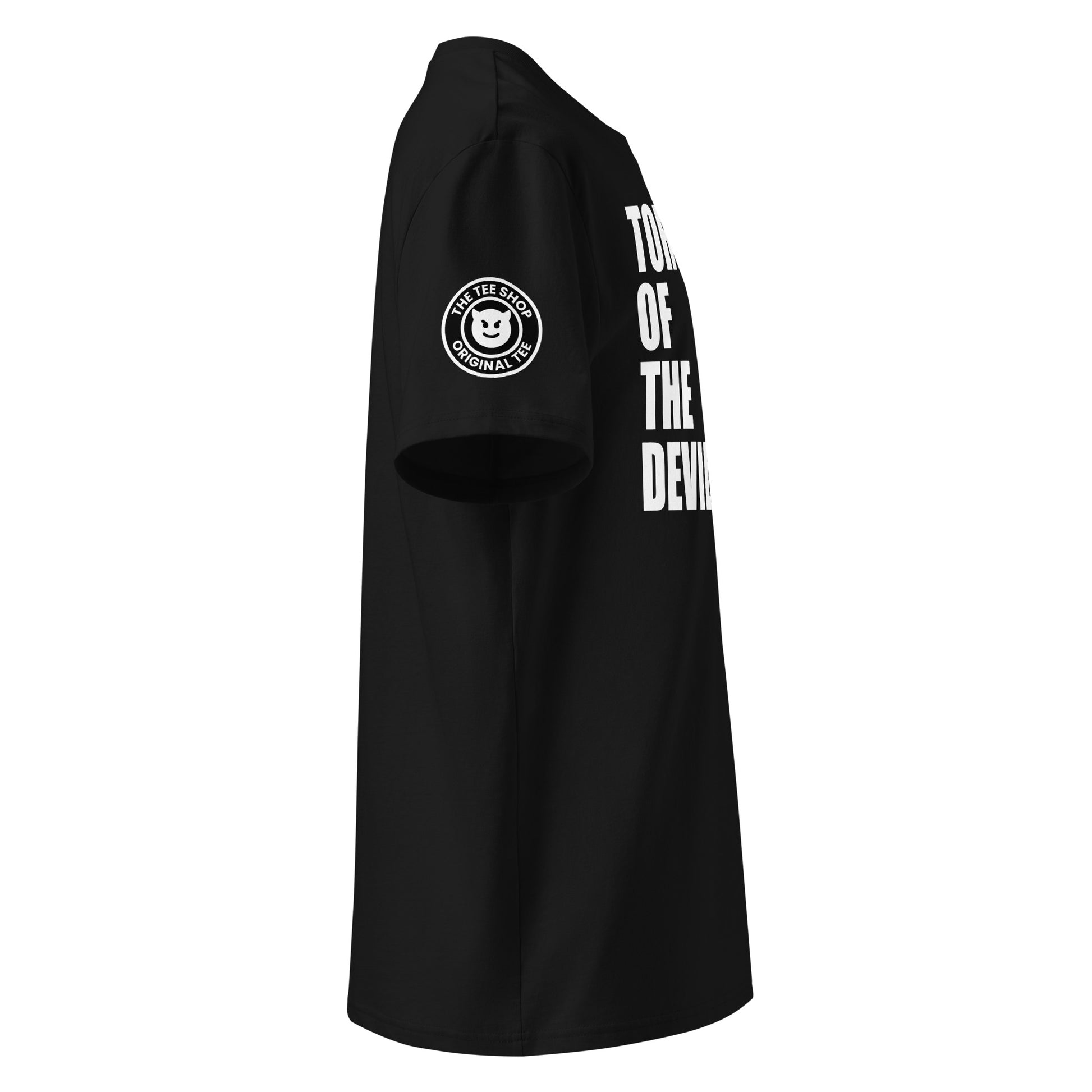 Right side view of black t-shirt showing The Tee Shop’s cheeky devil logo on the sleeve and edge of the slogan. DTF print, car culture with a mischievous twist.