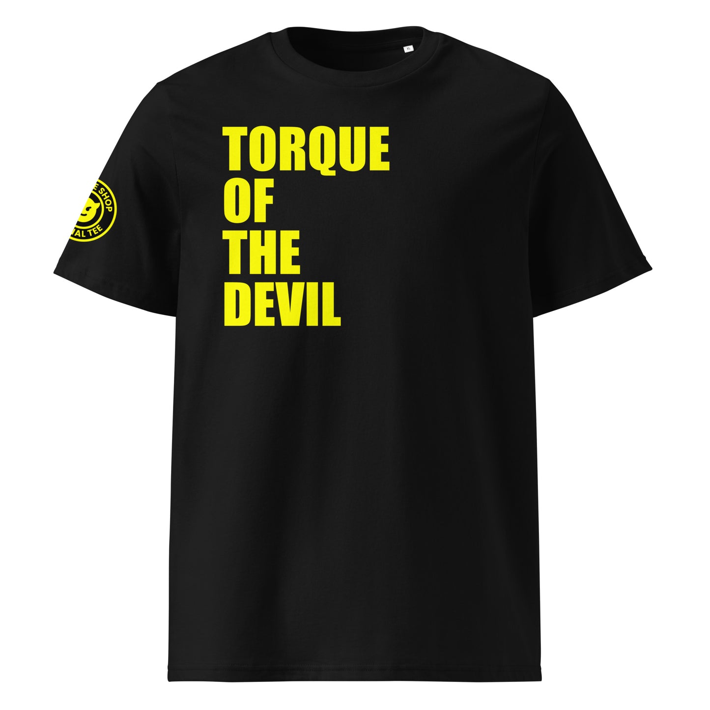 Front view of black unisex t-shirt with bold yellow “TORQUE OF THE DEVIL” slogan. DTF print, perfect for car meets, torque fans, and mischievous petrolheads.
